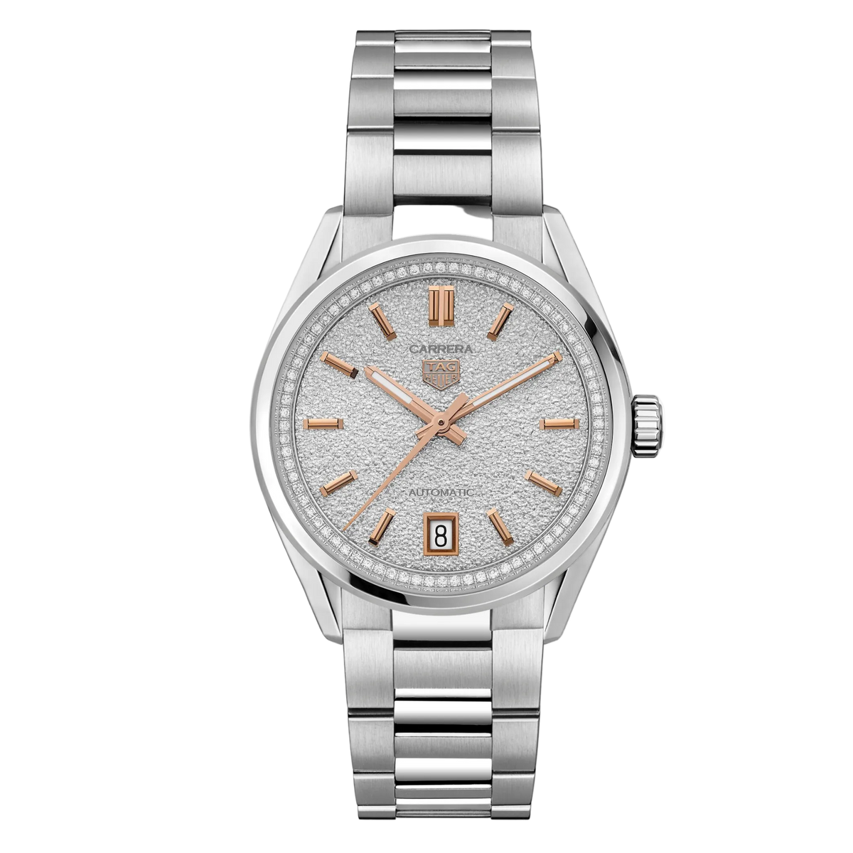 TAG Heuer Carrera watch with textured silver dial, diamond-set bezel, rose gold-tone hour markers and hands, and stainless steel bracelet