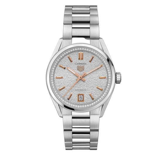 TAG Heuer Carrera watch with textured silver dial, diamond-set bezel, rose gold-tone hour markers and hands, and stainless steel bracelet