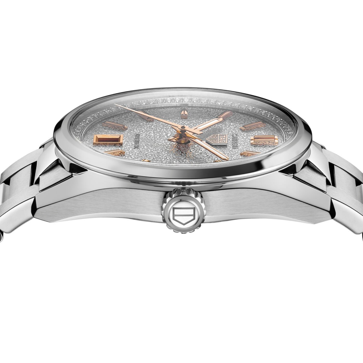 side angle view displaying the slim polished case, diamond-set bezel edge and crown detailing, emphasising its refined profile