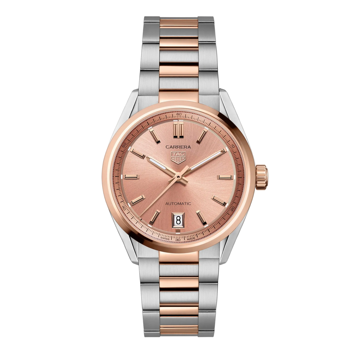 TAG Heuer Carrera watch with warm rose gold sunray dial, rose gold-tone bezel, matching hour markers and hands, and two-tone stainless steel bracelet