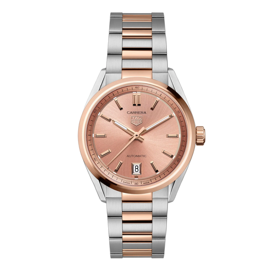 TAG Heuer Carrera watch with warm rose gold sunray dial, rose gold-tone bezel, matching hour markers and hands, and two-tone stainless steel bracelet