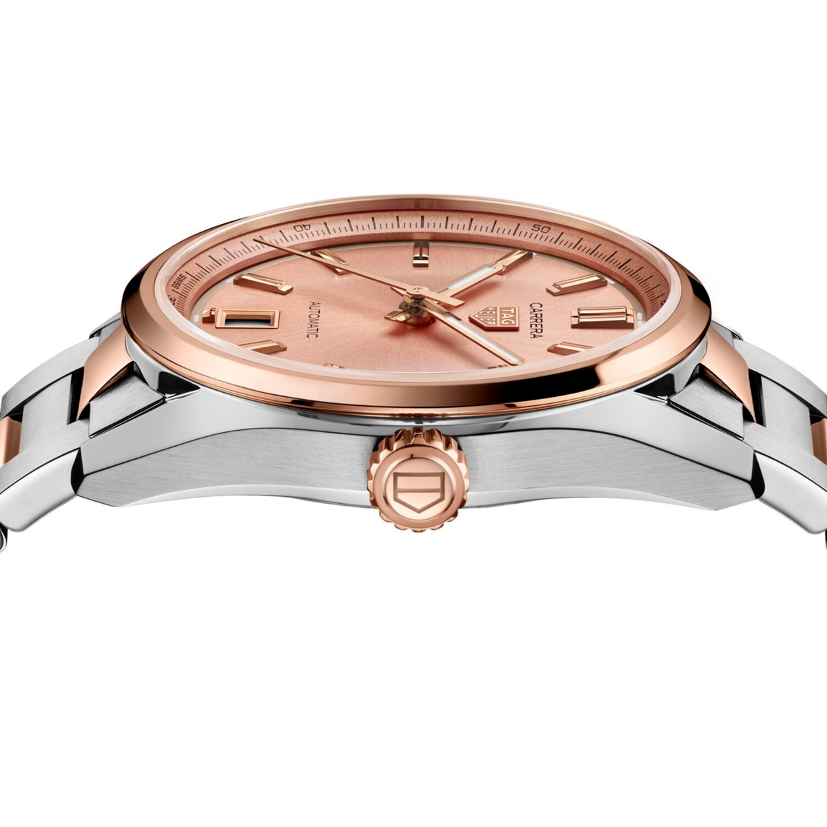 side angle view displaying the polished case, rose gold bezel and crown detailing, emphasising its refined two-tone design