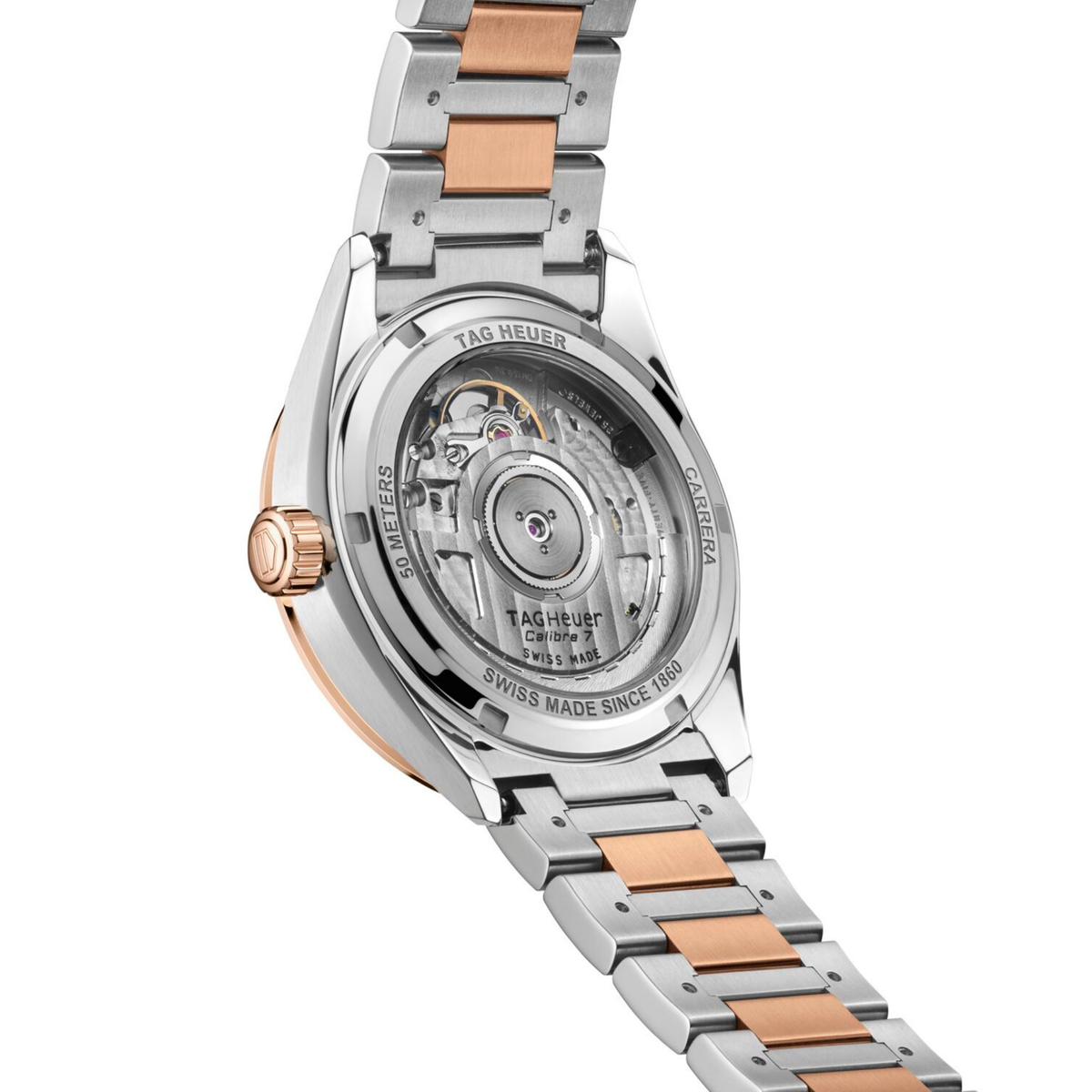 rear view of the watch showcasing the caseback and two-tone stainless steel bracelet links