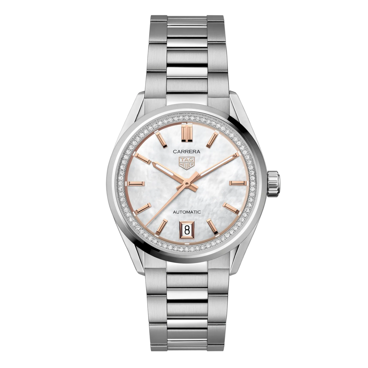 TAG Heuer Carrera watch with white mother-of-pearl dial, diamond-set bezel, rose gold-tone hour markers and hands, and stainless steel bracelet