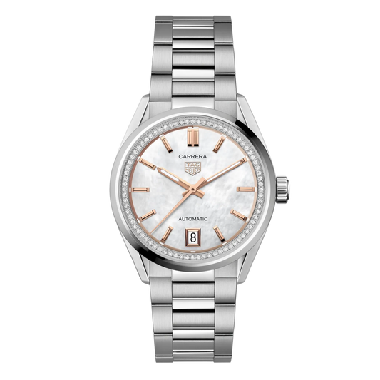 TAG Heuer Carrera watch with white mother-of-pearl dial, diamond-set bezel, rose gold-tone hour markers and hands, and stainless steel bracelet