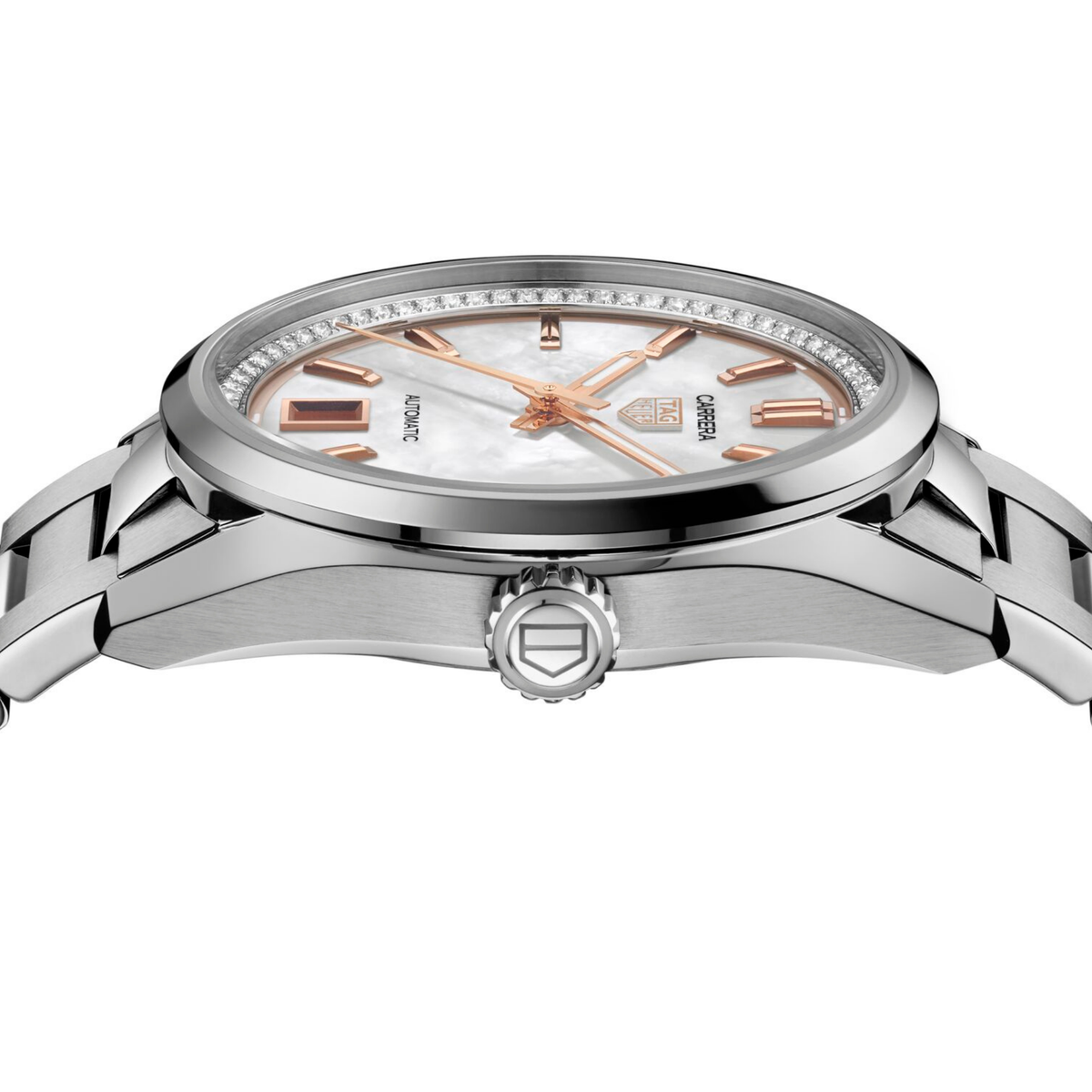 side angle view displaying the slim polished case, diamond-set bezel edge and crown detailing, emphasising its elegant profile