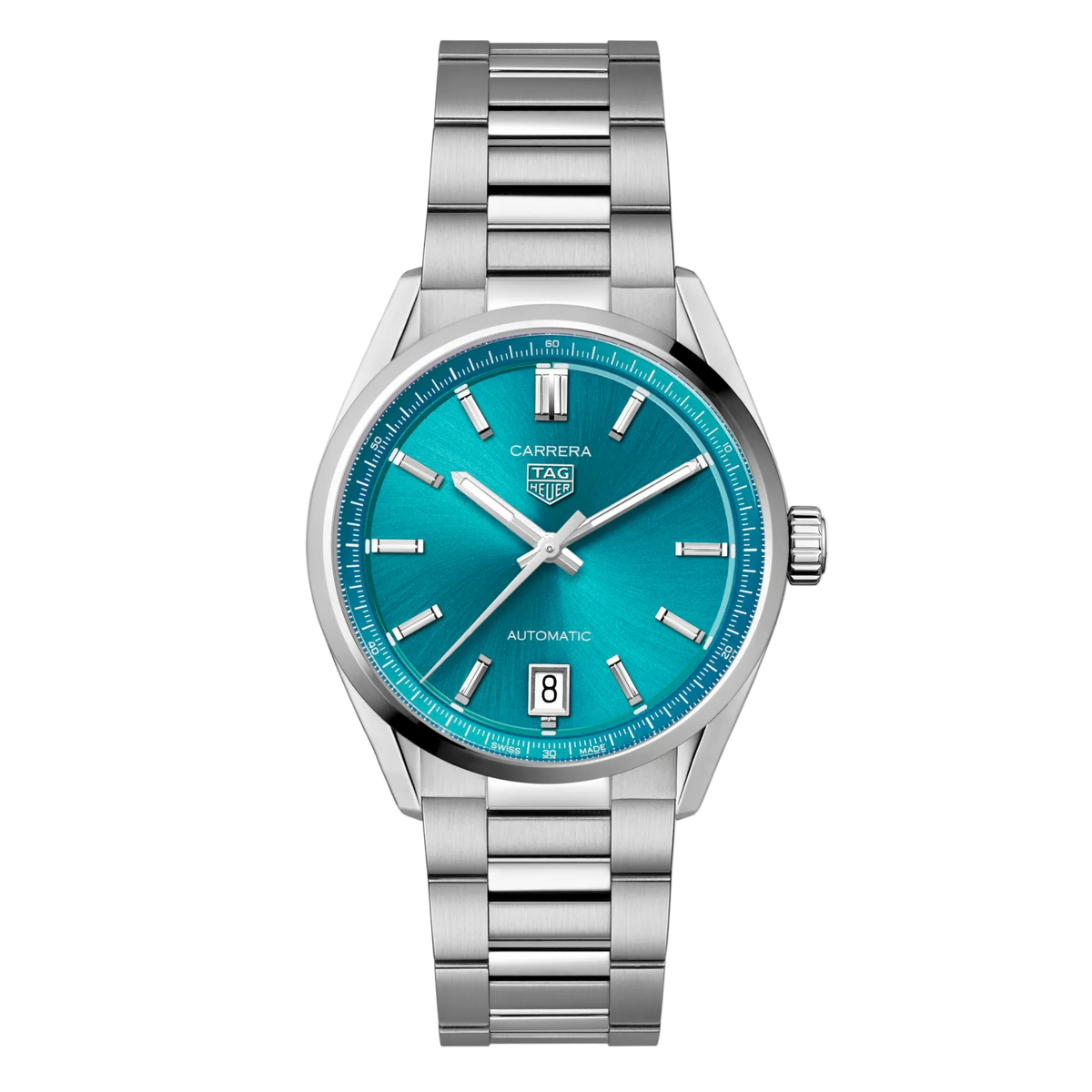 TAG Heuer Carrera watch with striking teal sunray dial, polished hour markers and hands, and stainless steel bracelet