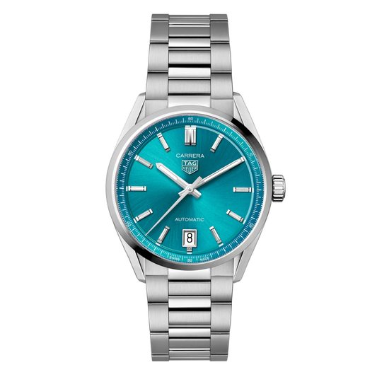 TAG Heuer Carrera watch with striking teal sunray dial, polished hour markers and hands, and stainless steel bracelet
