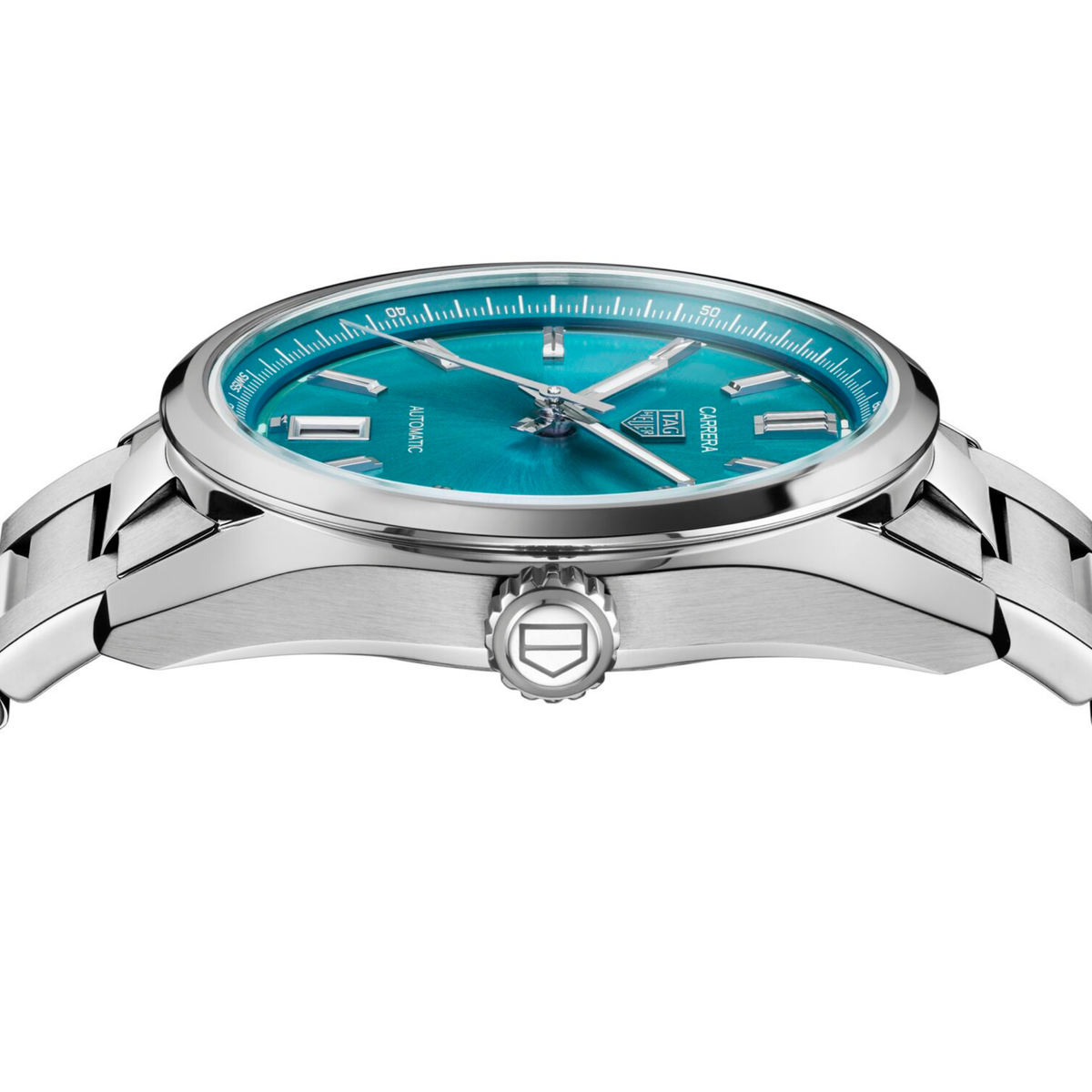 detailed view of the refined bezel and case edges, emphasising the watch’s clean, contemporary design