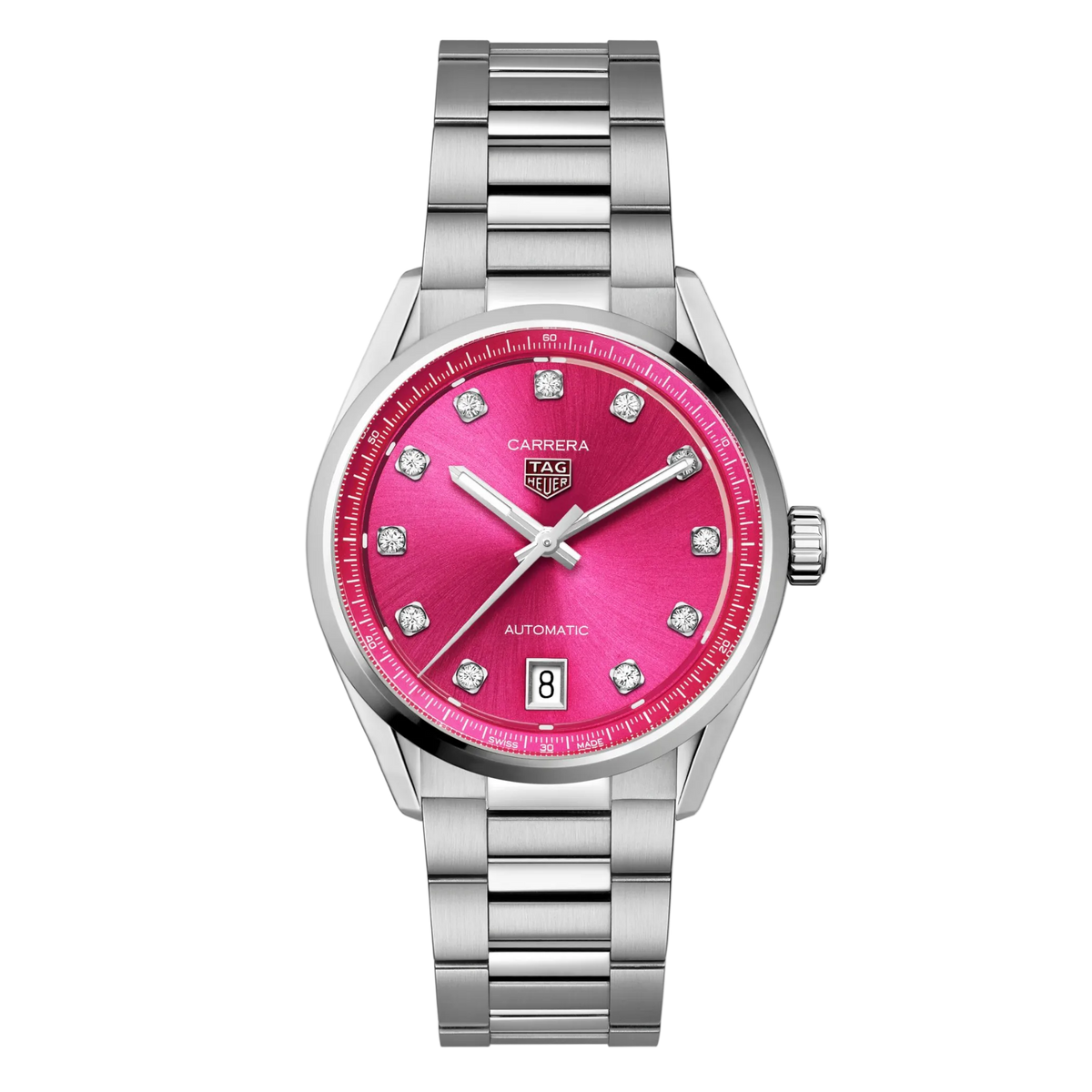 TAG Heuer Carrera watch with vibrant pink dial, diamond-set hour markers, polished hands and a stainless steel bracelet