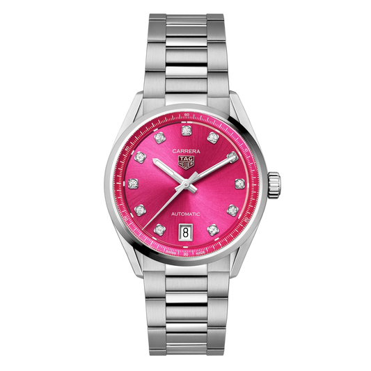 TAG Heuer Carrera watch with vibrant pink dial, diamond-set hour markers, polished hands and a stainless steel bracelet