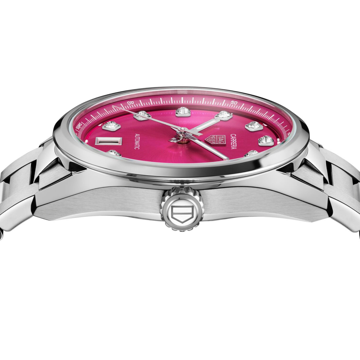 side angle view displaying the slim case, polished bezel and crown detailing, emphasising its sleek profile