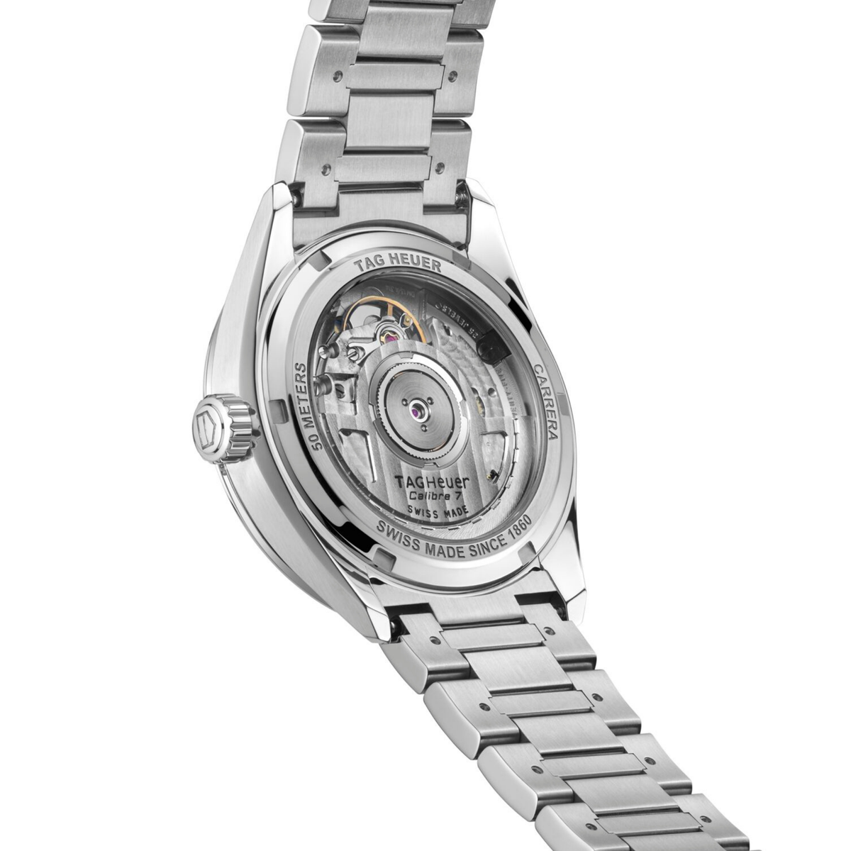 rear view of the watch showcasing the exhibition caseback and brushed stainless steel bracelet links