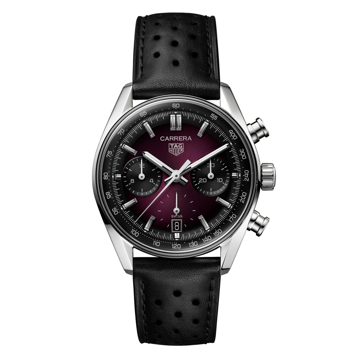 TAG Heuer Carrera chronograph watch with deep red gradient dial, three sub-dials, date window at 6 o’clock, and perforated black leather strap