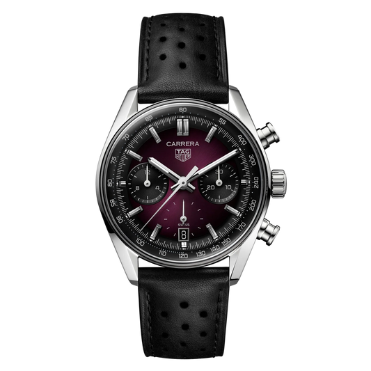 TAG Heuer Carrera chronograph watch with deep red gradient dial, three sub-dials, date window at 6 o’clock, and perforated black leather strap