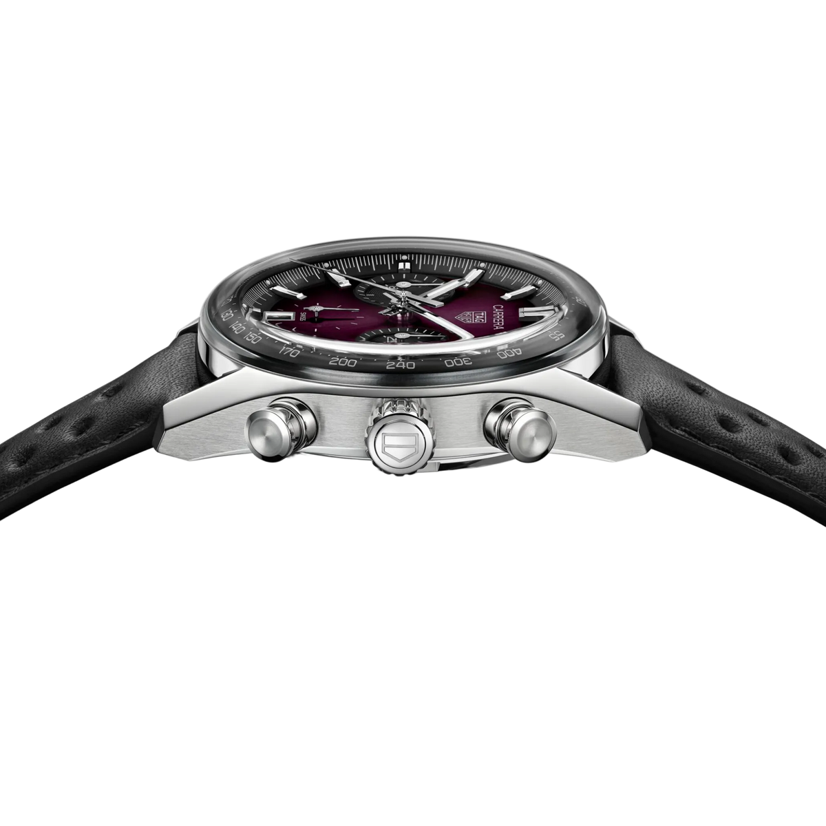 side angle view of the stainless steel case featuring the crown and chronograph pushers, emphasising the refined yet sporty Carrera design
