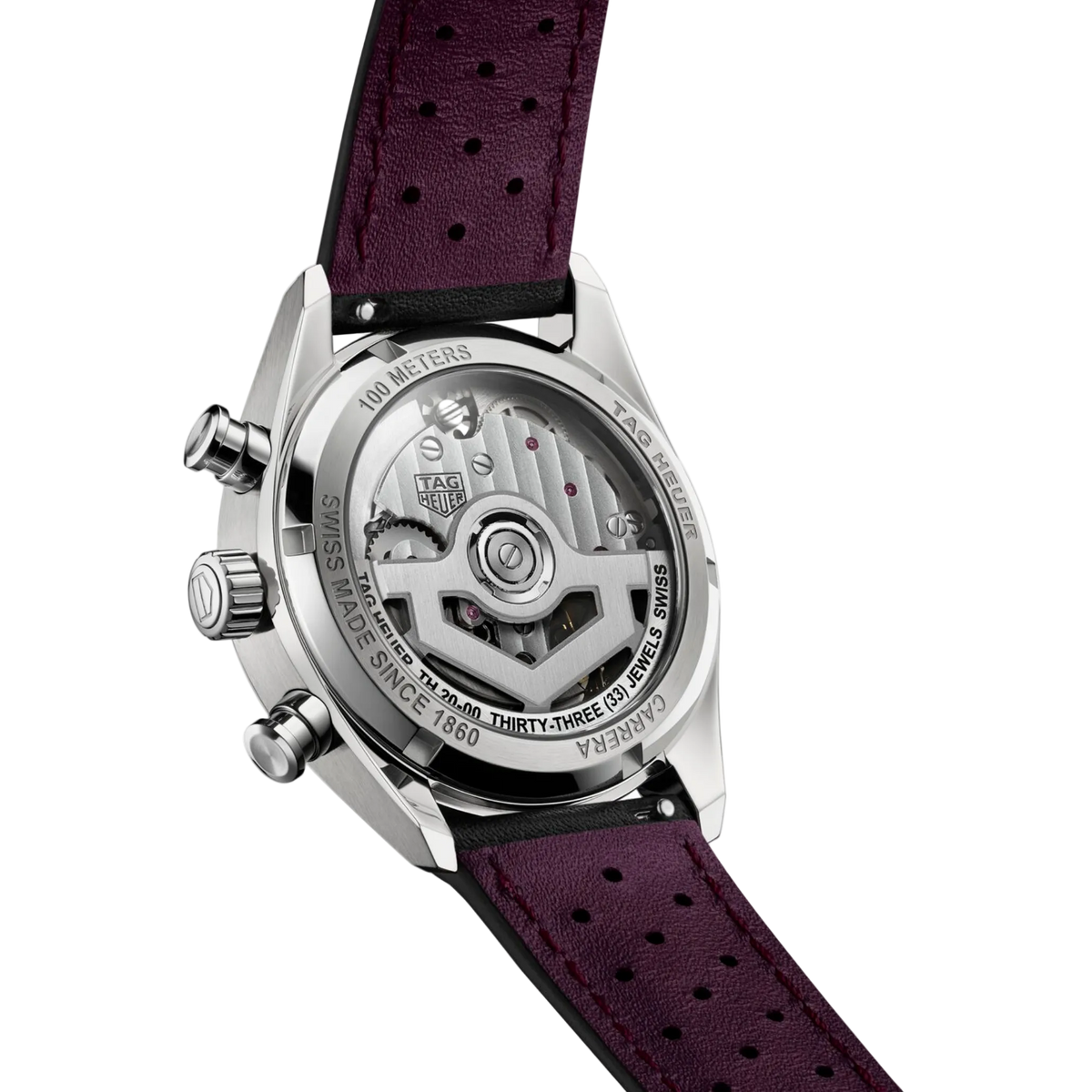 rear view showcasing the perforated black leather strap, designed for comfort with a classic motorsport-inspired look