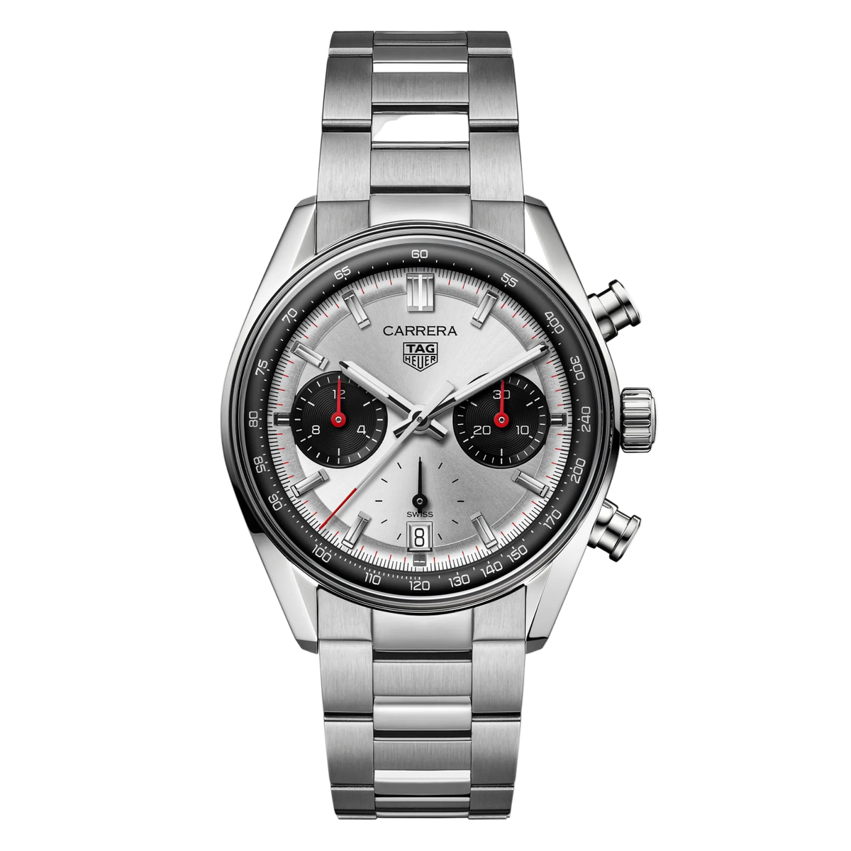 TAG Heuer Carrera chronograph watch with silver dial, contrasting black sub-dials, red chronograph accents, and stainless steel bracelet