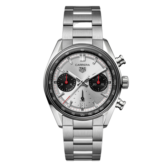 TAG Heuer Carrera chronograph watch with silver dial, contrasting black sub-dials, red chronograph accents, and stainless steel bracelet