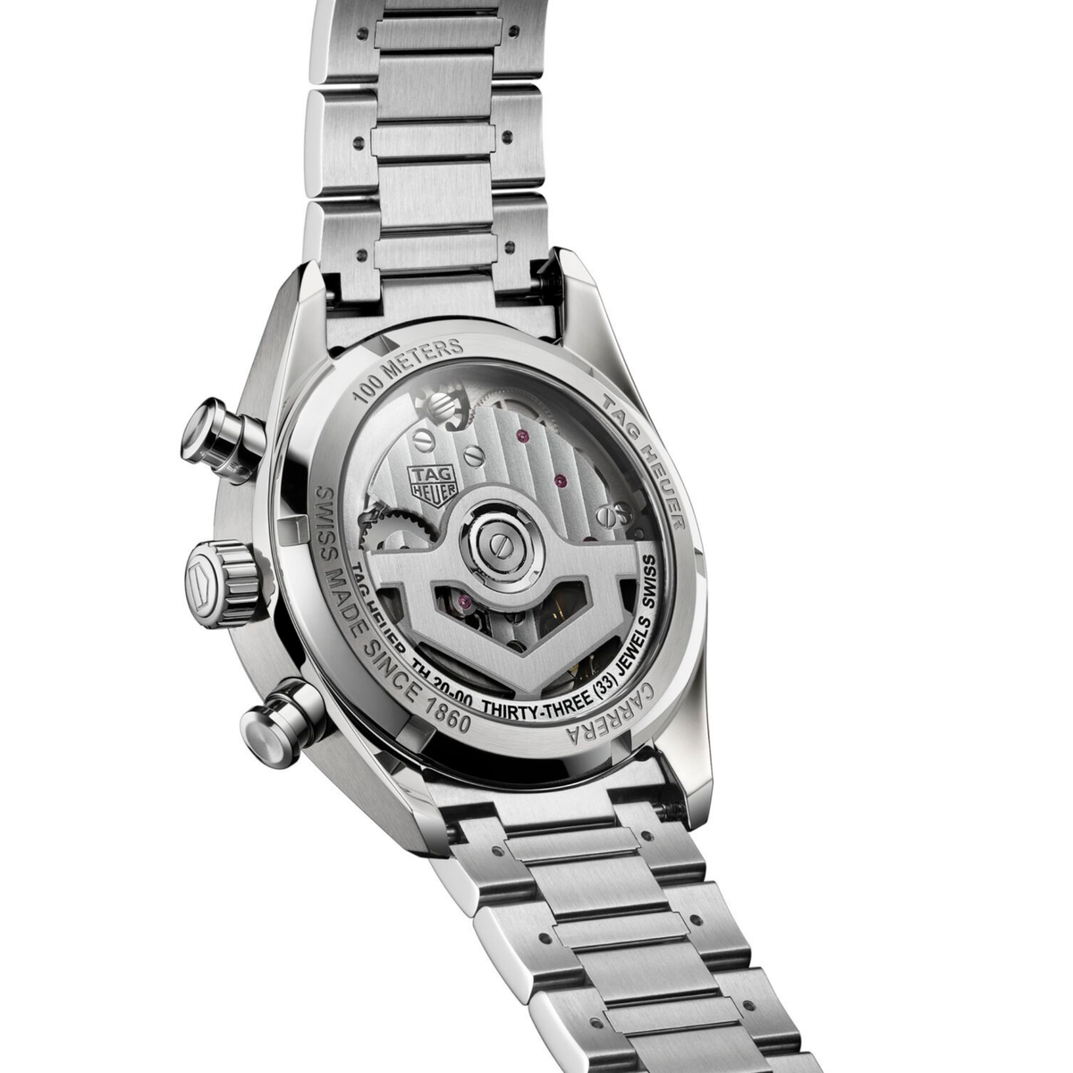 rear view of the watch showcasing the caseback and brushed stainless steel bracelet links