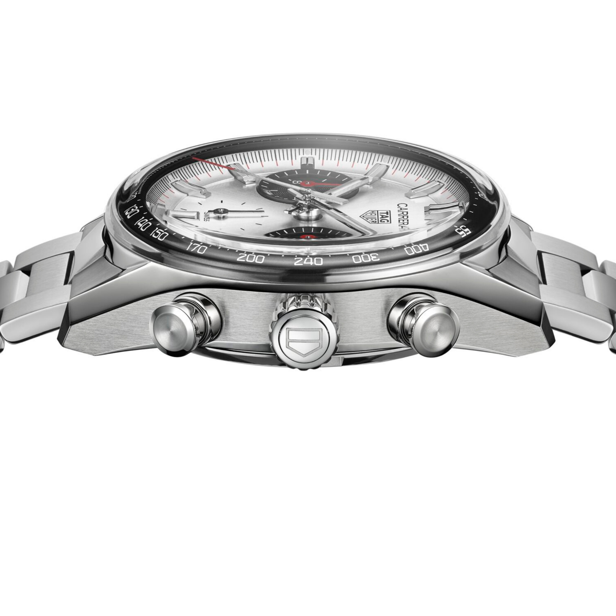 side angle view displaying the polished case, chronograph pushers and crown, emphasising its sporty and technical profile