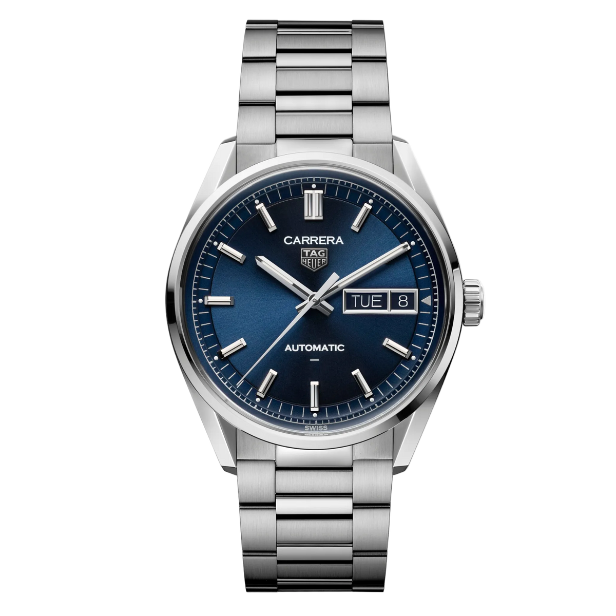 TAG Heuer Carrera Day-Date watch with deep blue dial, polished hour markers and hands, day-date display at 3 o’clock, and stainless steel bracelet