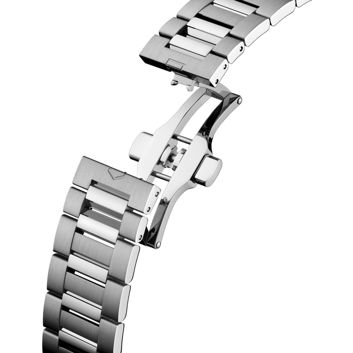 rear view of the watch showcasing the caseback and brushed stainless steel bracelet links