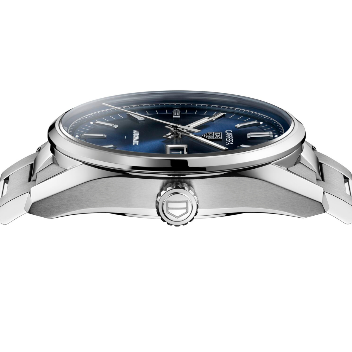 side angle view displaying the polished case, crown detailing and clean proportions, emphasising its classic design
