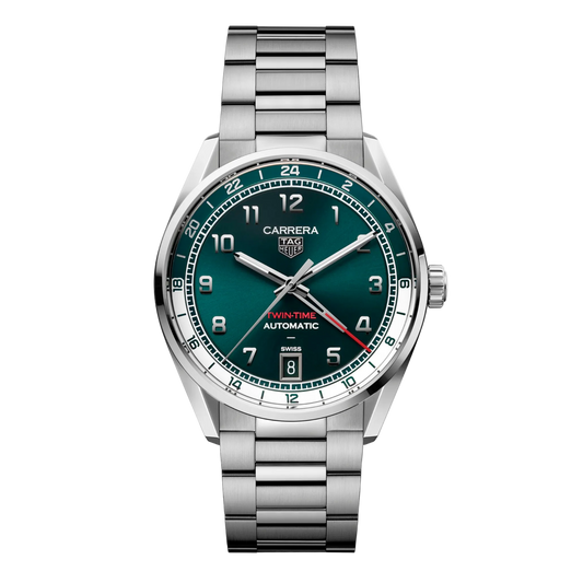 TAG Heuer Carrera Twin-Time watch with green dial, Arabic numerals, red GMT hand, date window at 6 o’clock, and stainless steel bracelet