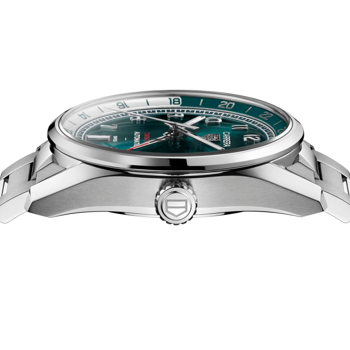 side angle view displaying the polished case, crown detailing and balanced proportions, emphasising its sporty functionality