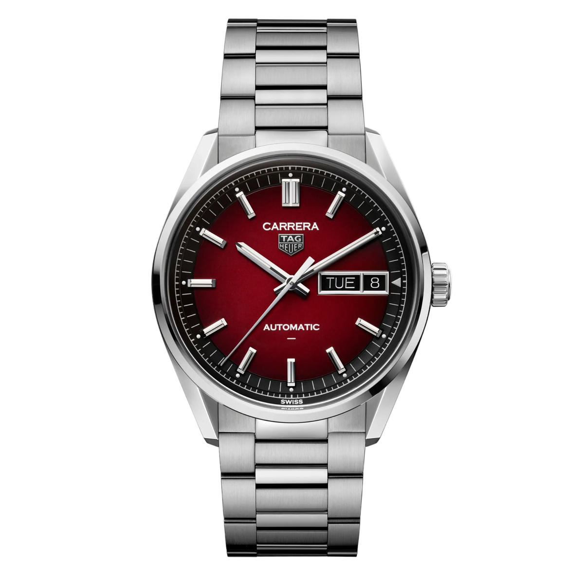 TAG Heuer Carrera automatic watch with red sunray dial, day-date display at 3 o’clock, polished hour markers, and stainless steel bracelet