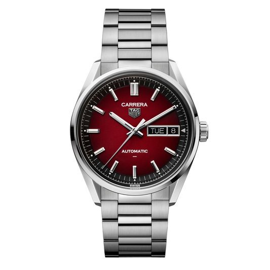 TAG Heuer Carrera automatic watch with red sunray dial, day-date display at 3 o’clock, polished hour markers, and stainless steel bracelet