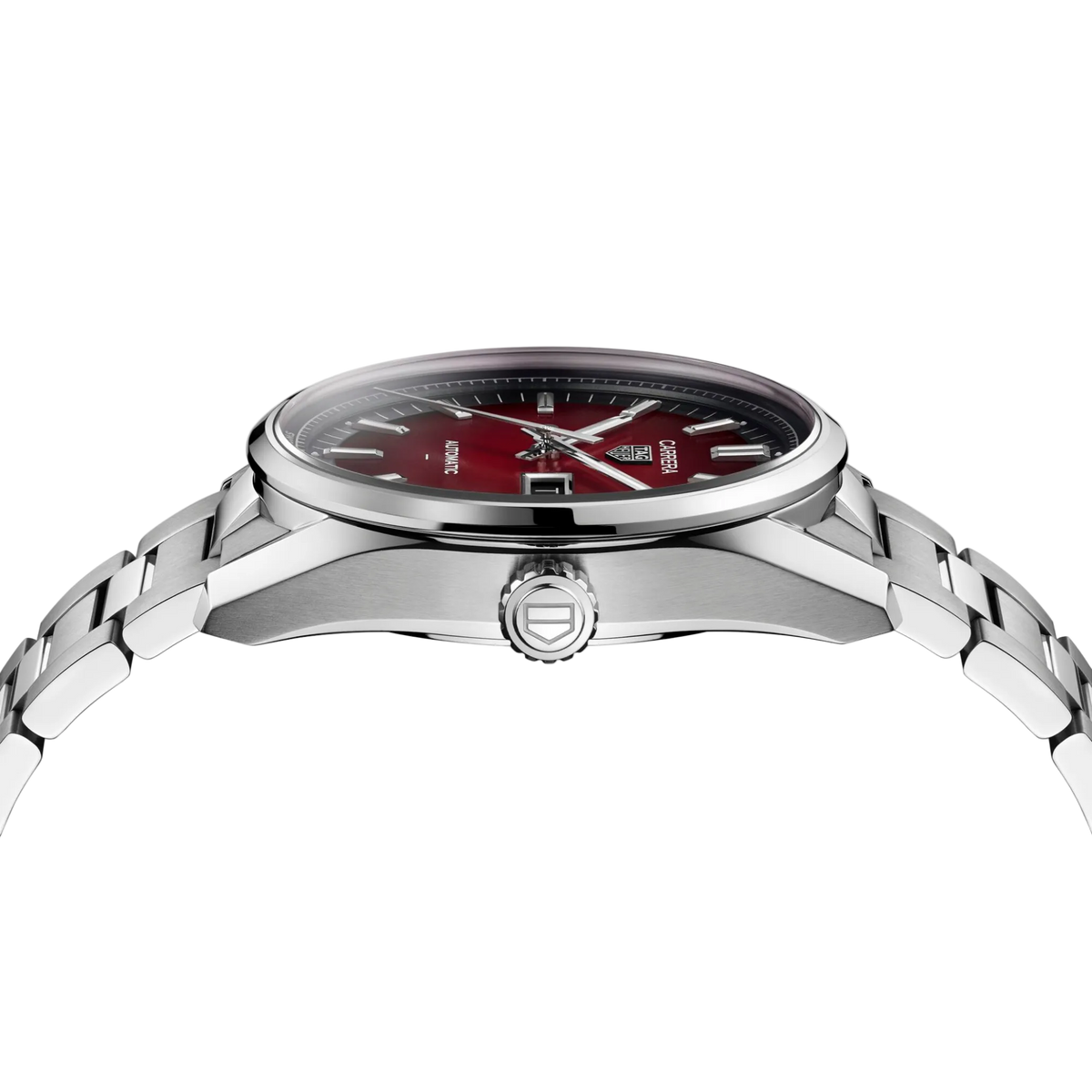 side angle view of the polished steel case featuring the crown and slim, refined profile of the Carrera design