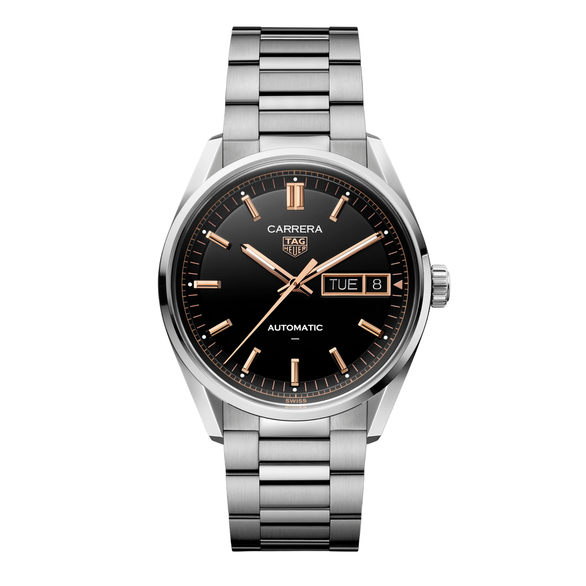 TAG Heuer Carrera Day-Date watch with black dial, rose gold-tone hour markers and hands, day-date display at 3 o’clock, and stainless steel bracelet
