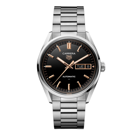 TAG Heuer Carrera Day-Date watch with black dial, rose gold-tone hour markers and hands, day-date display at 3 o’clock, and stainless steel bracelet