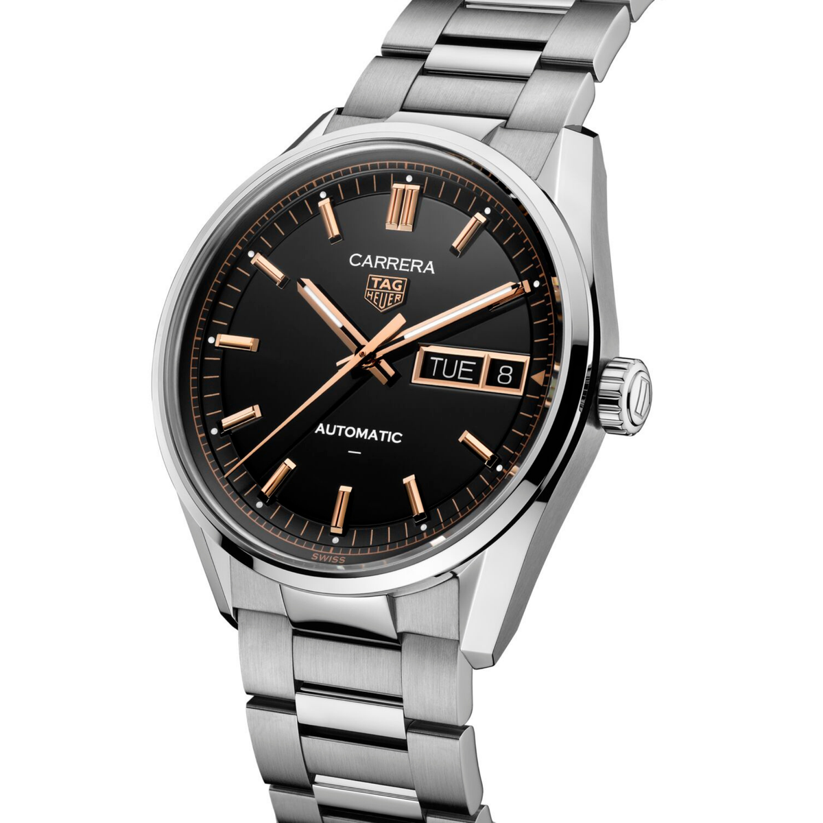 rear view of the watch showcasing the caseback and brushed stainless steel bracelet links