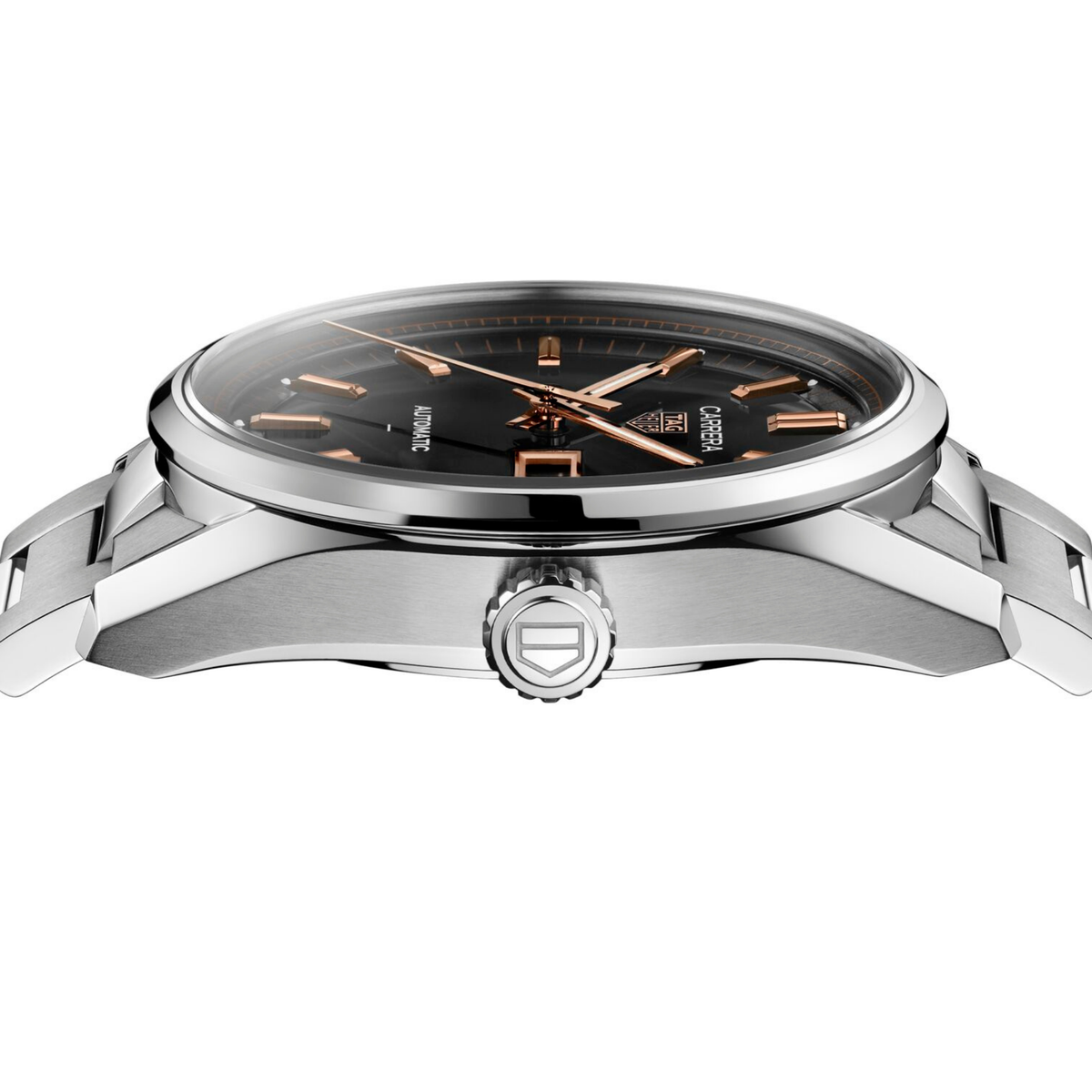 side angle view displaying the polished case, crown detailing and balanced proportions, emphasising its classic profile