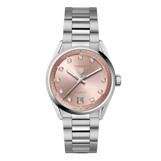 TAG Heuer Carrera watch with soft pink sunray dial, diamond-set hour markers, and stainless steel bracelet