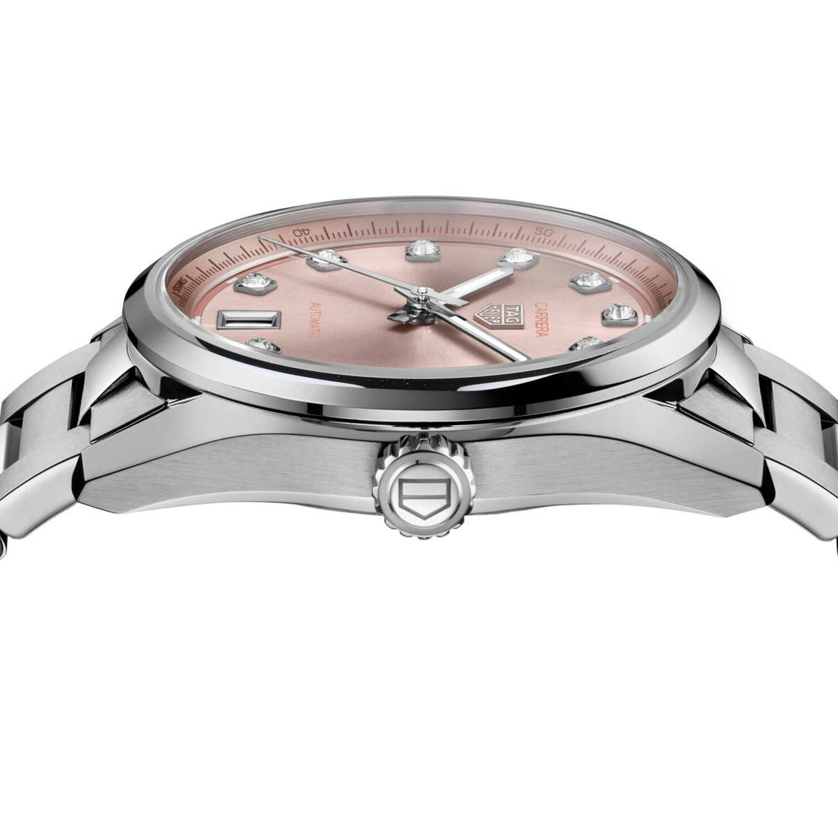 full view of the Carrera highlighting the polished bezel, refined case profile and brushed stainless steel bracelet