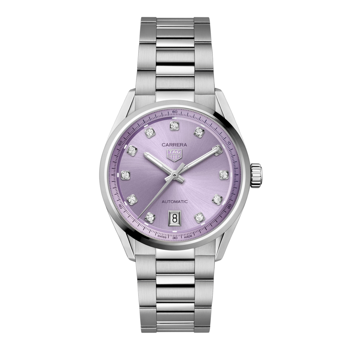 TAG Heuer Carrera watch with soft lavender sunray dial, diamond-set hour markers, polished hands and a stainless steel bracelet