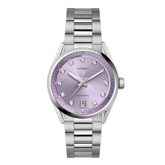 TAG Heuer Carrera watch with soft lavender sunray dial, diamond-set hour markers, polished hands and a stainless steel bracelet