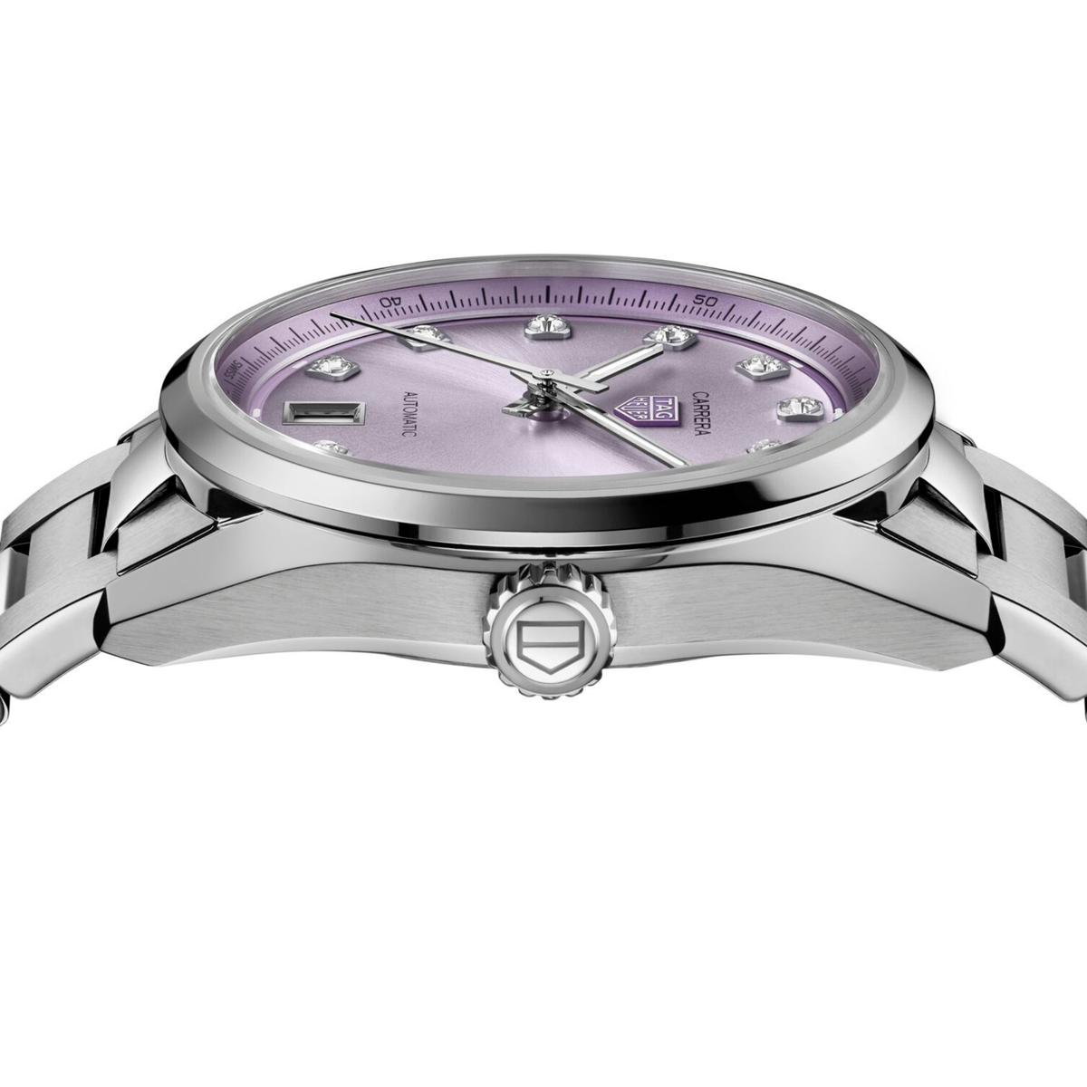 side angle view displaying the slim case, polished bezel and crown detailing, emphasising its sleek profile