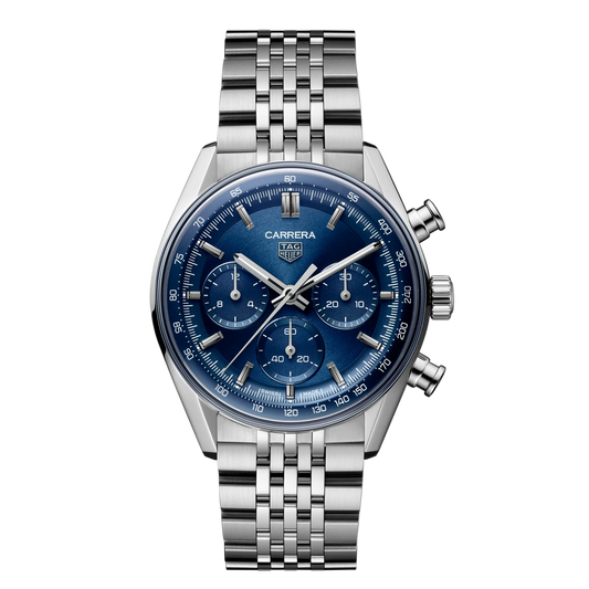 TAG Heuer Carrera chronograph watch with deep blue dial, three sub-dials, polished hour markers and hands, and stainless steel bracelet
