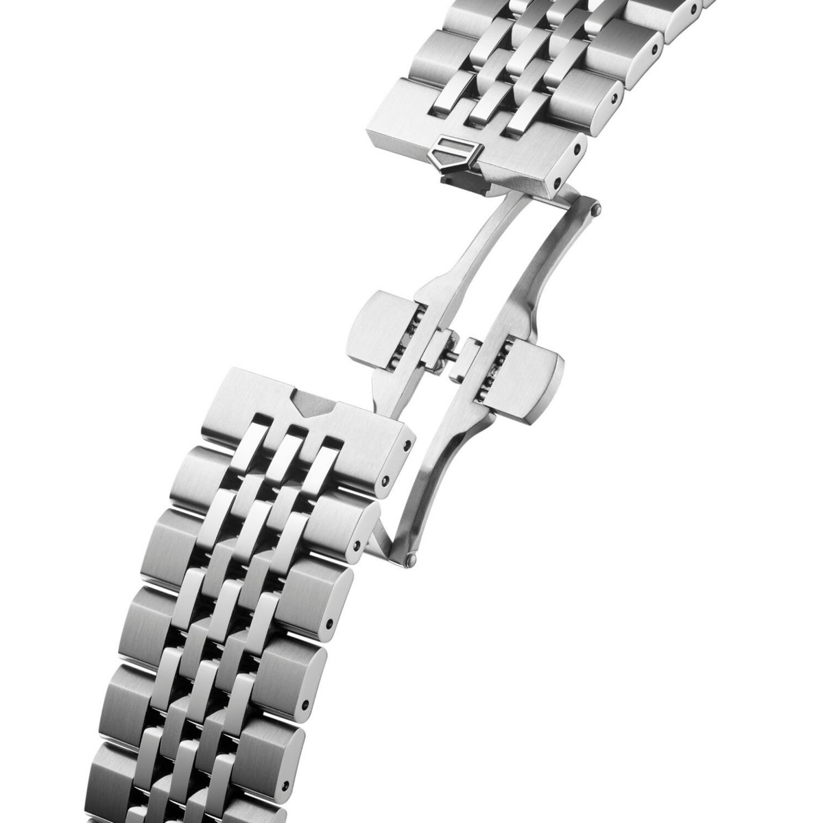 rear view of the watch showcasing the caseback and stainless steel bracelet links