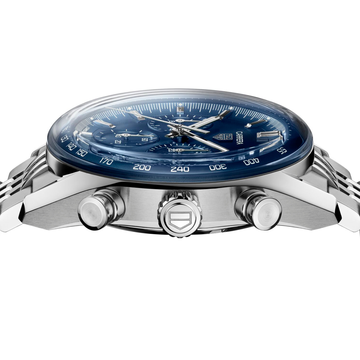 side angle view displaying the polished case, chronograph pushers and crown, emphasising its sporty profile
