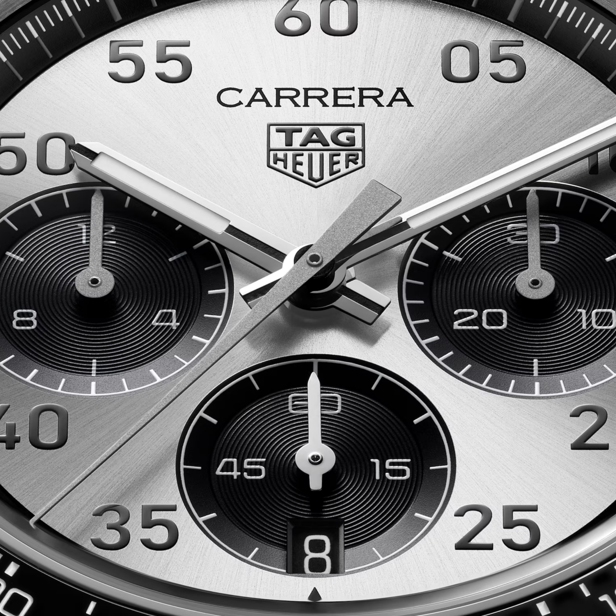 TAG Heuer Carrera Chronograph Sport 42mm, featuring a silver panda dial, black ceramic bezel and in-house TH20-00 automatic movement.