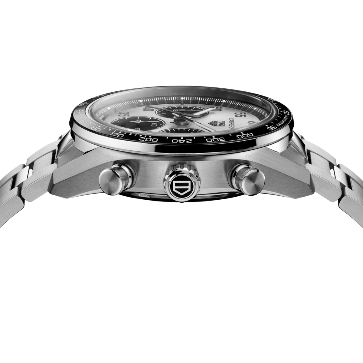 The silver sunray-brushed dial creates a striking panda configuration with three contrasting black azuré chronograph counters.