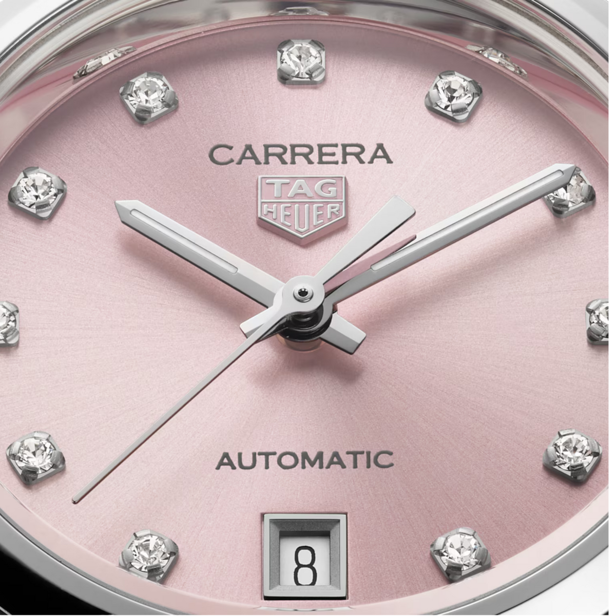 TAG Heuer Carrera Date 29mm, featuring a polished steel case, pink diamond-set dial and refined Calibre 9 automatic movement.