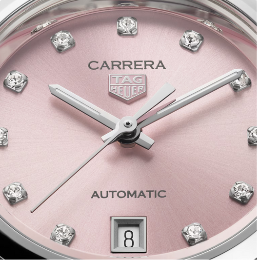 TAG Heuer Carrera Date 29mm, featuring a polished steel case, pink diamond-set dial and refined Calibre 9 automatic movement.