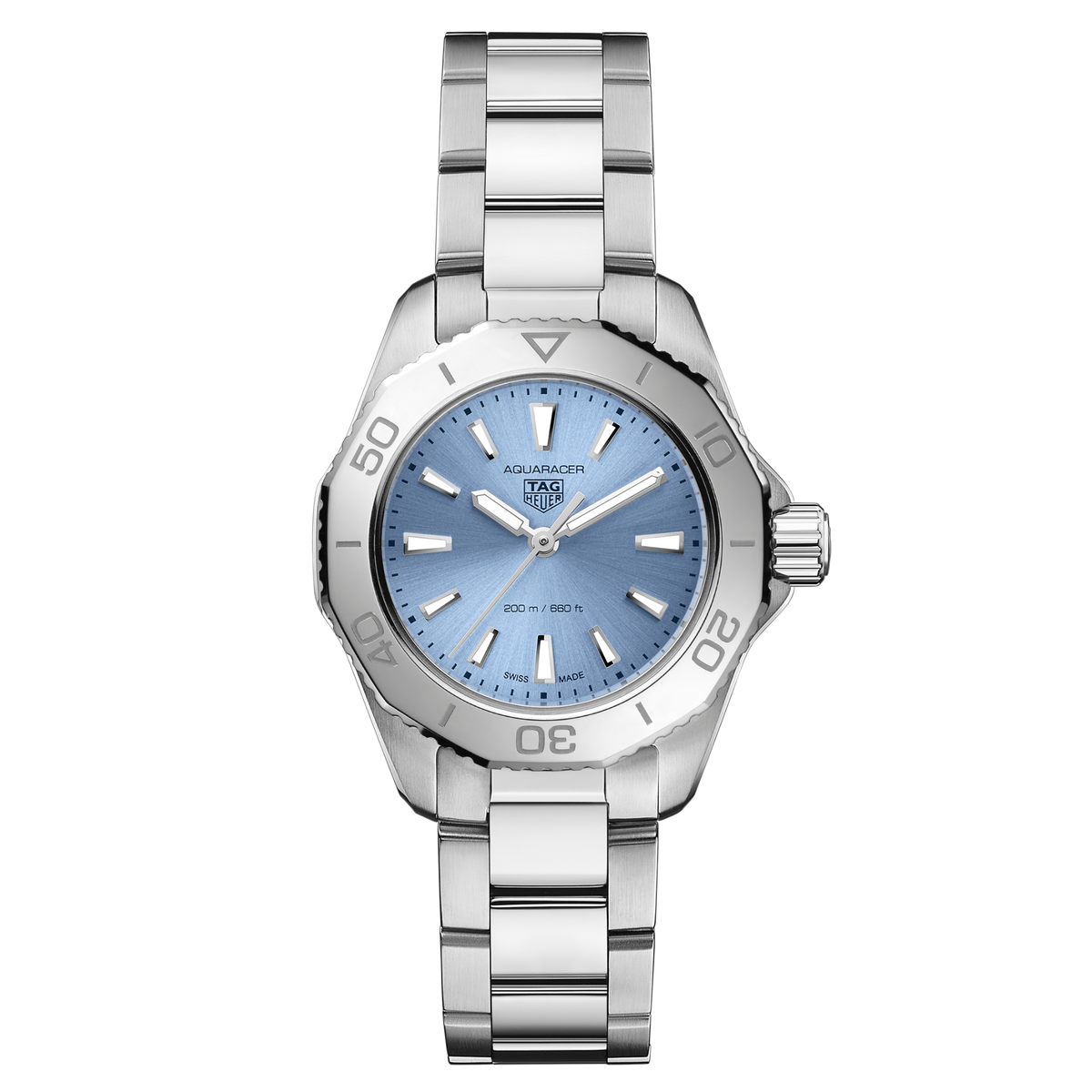 TAG Heuer Aquaracer watch with blue sunray dial and stainless steel bracelet